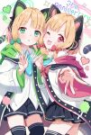  2girls absurdres animal_ear_headphones animal_ears anniversary black_skirt black_thighhighs blonde_hair blue_archive blush bow cat_tail collared_shirt fake_animal_ears green_bow green_eyes green_halo hair_bow halo headphones heart highres long_sleeves looking_at_viewer midori_(blue_archive) mikumiku37 momoi_(blue_archive) multiple_girls one_eye_closed open_mouth pink_halo pleated_skirt red_bow red_eyes revision shirt short_hair siblings sisters skirt smile tail thighhighs twins white_shirt 