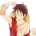 1boy ? arm_up armpits bare_pectorals black_eyes black_hair blush disembodied_limb hat hat_on_back highres holding_another&#039;s_arm male_focus moko_(gloriaaaaaa) monkey_d._luffy one_piece open_clothes pectorals scar scar_on_cheek scar_on_chest scar_on_face short_hair simple_background single_off_shoulder solo spoken_question_mark straw_hat sweat upper_body white_background 