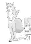  absurd_res anthro bedroom briefs bulge canid canine canis clothing eyewear fur glasses grey_body grey_fur hi_res male mammal mr_fuwa nude paws simple_background solo tagme underwear wolf 