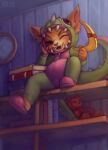 anthro artist_name biped book clock clothed clothing costume digital_media_(artwork) eyebrows gnar_(lol) hi_res holding_object inside league_of_legends notched_ear on_shelf one_eye_closed open_mouth pink_nose pink_slippers plushie riot_games shaded shelf solo teddy_bear vtza yordle