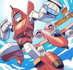  1boy autobot blue_eyes character_name clenched_hands cloud flying mecha missile_pod multiple_views powerglide science_fiction sky sunafuki_tabito transformers 