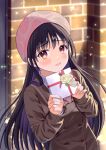  1girl beret black_hair box box_of_chocolates brown_jacket commentary hat highres holding holding_box jacket long_hair looking_at_viewer original parted_lips pechi_(peeechika) pink_headwear red_eyes valentine 