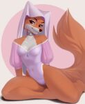 anthro bodysuit breasts canid canine choker clothed clothing disney female fox fur headdress hi_res il&#039;ka jewelry looking_at_viewer maid_marian mammal multicolored_body navel necklace pink_clothing red_body red_fox red_fur robin_hood_(disney) simple_background skinsuit smile solo tail tight_clothing two_tone_body white_body white_fur