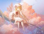  1girl artist_logo barefoot blonde_hair blue_eyes blush capelet cherry_blossoms dated day dress fairy fairy_wings furahata_gen hair_between_eyes hat highres lily_white long_hair long_sleeves one_eye_closed outdoors parted_lips sitting solo touhou white_capelet white_dress white_headwear wide_sleeves wings 