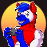 absurd_res aktiloth anthro blue_body blue_eyes blue_fur blue_hair canid canine canis claws controller fur game_controller gaming hair hi_res holding_controller holding_object icon mammal pawpads pecs playing_videogame red_body red_fur tongue white_body white_fur wolf