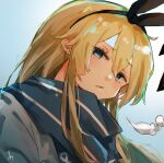  1girl black_hairband blonde_hair blue_background blue_eyes blue_scarf breath hairband highres kantai_collection long_hair looking_at_viewer parted_lips scarf shimakaze_(kancolle) solo sunday_aki upper_body 