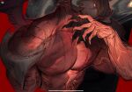  1boy aatrox bara colored_skin cropped_torso curled_horns demon_boy demon_wings fingernails flexing_pectorals hand_up head_tilt highres horns large_pectorals league_of_legends male_focus monster_boy muscular muscular_male nude pectorals red_skin sharp_fingernails solo upper_body veins veiny_arms wings xkov_(cerberuskeeper) 