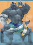 absurd_res anthro anubian_jackal armpit_hair bandage big_muscles body_hair canid canine canis clothed clothing fur hi_res humanoid jackal league_of_legends looking_up male mammal muscular muscular_male nasus_(lol) nipples pecs riot_games sitting solo tail tongue tongue_out whit3salmon_23