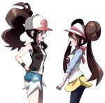  2girls black_pantyhose black_vest blue_eyes blue_shorts brown_hair double_bun from_side hair_bun hat highres hilda_(pokemon) long_hair looking_at_another multiple_girls open_clothes open_vest pantyhose pokemon pokemon_bw pokemon_bw2 ponytail qnqn_1020 rosa_(pokemon) shirt short_shorts shorts sleeveless sleeveless_shirt sleeves_past_elbows twintails vest visor_cap white_background white_headwear white_shirt yellow_shorts 