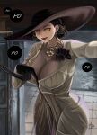  1girl alcina_dimitrescu black_flower black_gloves black_hair black_headwear black_rose breasts brz claws cleavage commentary cowboy_shot curvy dress earrings english_commentary flower gloves hand_up hat highres jewelry licking_lips looking_at_viewer necklace outstretched_arm red_lips resident_evil resident_evil_village rose short_hair signature solo tile_floor tiles tongue tongue_out white_dress yellow_eyes 