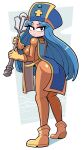  1girl ass black_eyes blue_hair blush bodysuit boots breasts closed_mouth dragon_quest dragon_quest_iii full_body highres kevin_arthur large_breasts long_hair looking_at_viewer orange_bodysuit orange_footwear priest_(dq3) solo 