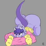 &lt;3 &lt;3_eyes 1:1 2024 aaronpipke anthro ass_up bent_over big_butt bone_frill bottomless butt ceratopsian clothed clothing dinosaur female frill_(anatomy) goodbye_volcano_high grey_background hair hoodie hoodie_only horn huge_butt kneeling ornithischian purple_body purple_eyes purple_hair purple_scales reptile scales scalie simple_background snoot_game solo stare tail topwear topwear_only triceratops trish_(gvh) yellow_clothing