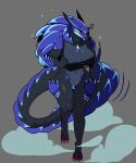 absurd_res anthro areola areola_slip big_breasts black_body breasts capcom claws clothed clothing dorans_flea emanata fanged_wyvern fangs female hi_res horn long_tail looking_at_viewer lunagaron monster_hunter mostly_nude purple_body red_claws skimpy solo standing tail teeth yellow_eyes