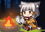  1girl animal_ear_fluff animal_ears blush_stickers campfire chibi closed_mouth facial_mark farrel_kb fire forest full_body gloves grey_hair hair_ribbon highres jumpsuit long_sleeves nature nia_(xenoblade) night outdoors outline puffy_long_sleeves puffy_sleeves ribbon shoe_soles sitting smile solo tree white_gloves white_outline xenoblade_chronicles_(series) xenoblade_chronicles_2 yellow_jumpsuit yellow_ribbon 