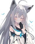  1girl ahoge animal_ear_fluff animal_ears azur_lane black_gloves blush closed_eyes detached_sleeves duosix_setsu0408 extra_ears fox_ears fox_girl gloves grey_hair hand_to_own_mouth kawakaze_(azur_lane) long_hair shirt smile solo upper_body very_long_hair white_shirt white_sleeves 