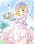  1girl absurdres adjusting_clothes adjusting_headwear blonde_hair blue_eyes bouquet dress fire_valkyrie flower_girl_(macross_7) hat highres holding holding_bouquet looking_to_the_side macross macross_7 mecha pink_dress robot short_hair signature sky solo standing sun_hat vf-19 yoshinaga_masahiro 