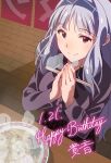  1girl absurdres bowl character_name chopsticks dated eyebrows_visible_through_hair food hairband hands_together happy_birthday highres holding holding_chopsticks idolmaster idolmaster_(classic) long_hair mioka_naota noodles purple_eyes ramen shijou_takane silver_hair smile solo steam 