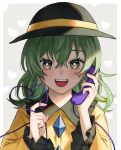  1girl :d akari0120_s black_headwear blush buttons collared_shirt diamond_button frilled_shirt_collar frilled_sleeves frills green_hair hat heart heart_background heart_of_string holding holding_phone komeiji_koishi long_sleeves looking_at_viewer medium_hair open_mouth phone shirt smile solo teeth touhou upper_body upper_teeth_only wide_sleeves yellow_shirt 