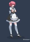  1girl alternate_costume angry animal_print apron artist_name black_bow black_bowtie black_dress black_footwear bob_cut bow bowtie cat_print clenched_teeth closed_eyes commentary crossed_arms doki_doki_literature_club dress dress_bow english_commentary enmaided footwear_bow frilled_apron frilled_dress frills full_body grey_background hair_ornament hair_ribbon maid mary_janes nastpaper natsuki_(doki_doki_literature_club) parted_lips pink_hair pixel_art puffy_short_sleeves puffy_sleeves red_ribbon ribbon shadow shoes short_hair short_sleeves solo standing swept_bangs teeth thighhighs tsundere twitter_username two-tone_dress two_side_up v-shaped_eyebrows white_apron white_dress white_thighhighs wrist_cuffs x_hair_ornament zettai_ryouiki 