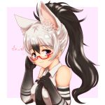  1girl aardwolf_(kemono_friends) aardwolf_print absurdres animal_ears animal_print bare_shoulders bespectacled black_hair black_necktie blush border breast_pocket closed_mouth elbow_gloves extra_ears eyelashes glasses gloves hair_between_eyes hakumaiya hands_up high_ponytail highres kemono_friends long_hair looking_at_viewer multicolored_hair necktie outside_border pocket print_gloves purple_eyes red-framed_eyewear semi-rimless_eyewear shirt sleeveless sleeveless_shirt smile solo under-rim_eyewear upper_body white_border white_hair white_shirt 