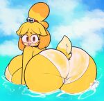 2024 animal_crossing anthro beach bell big_breasts big_butt bikini blue_in_den blush breasts brown_eyes butt canid canine clothing colored digital_media_(artwork) female fur genitals hair isabelle_(animal_crossing) mammal nintendo ponytail pussy rear_view sea seaside shaded simple_shading sky smile solo solo_focus sunny_day swimwear translucent translucent_bikini translucent_clothing translucent_swimwear water wet yellow_body yellow_fur