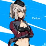  1girl alternate_hairstyle artist_logo bikini bikini_under_clothes black_bikini black_headwear blue_background blue_eyes breasts character_name cleavage crossed_arms dated english_text garrison_cap girls_und_panzer girls_und_panzer_ribbon_no_musha grey_hair grey_jacket hair_up hat insignia itsumi_erika jacket long_sleeves looking_at_viewer medium_breasts medium_hair military_hat navel nishi_itsumi no_pants open_clothes open_jacket ponytail solo swimsuit track_jacket 