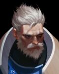  1boy beard black_background closed_mouth facial_hair grey_eyes male_focus mature_male mustache overwatch portrait redsakaone reinhardt_(overwatch) scar scar_across_eye signature simple_background solo white_facial_hair white_hair 