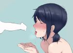  1girl after_fellatio black_hair blank_censor blush censored chagataaa closed_eyes commentary_request cum_on_penis cupping_hands erection from_side low_twintails original own_hands_together penis saliva saliva_drip saliva_trail sweatdrop twintails 