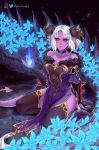  1girl black_sclera breasts choker cleavage collarbone colored_sclera colored_skin commission covered_navel dress dungeons_and_dragons elbow_gloves english_commentary fingerless_gloves flower gloves highres horn_ornament horns kneeling large_breasts looking_at_viewer magic pointy_ears purple_eyes purple_skin robusta_mania short_hair solo tail thighhighs tiefling twitter_logo twitter_username white_background 