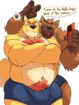  2021 3:4 anthro belly blush bottomwear bulge canid canine canis cellphone clothing domestic_dog duo english_text hi_res male male/male mammal one_eye_closed overweight overweight_male phone shorts smartphone text vitashi wink 