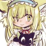  1girl animal arknights bad_link black_cat blonde_hair blue_hairband blush cat closed_mouth crossover frilled_hairband frills green_eyes hairband holding holding_animal looking_at_viewer lowres luo_xiaohei luo_xiaohei_(cat) luo_xiaohei_zhanji suzuran_(arknights) usa_(cani_wan) 