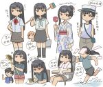  1boy 2girls bag black_eyes black_hair black_socks blue_eyes broom bucket candy_apple chair chibi eating floral_print flower food grey_pants grey_shorts grey_skirt hanashiro_anzu handbag hat highres holding holding_broom holding_bucket holding_flower japanese_clothes kawasaki_koharu kimono long_hair multiple_girls multiple_views natsu_e_no_tunnel_sayonara_no_deguchi neckerchief pants paper running sandwich school_uniform serafuku shorts sitting sketch skirt socks speech_bubble standing swivel_chair touno_kaoru tsubobot white_background white_footwear white_headwear yukata 