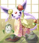  artist_name back_bow blurry bow bright_pupils clothed_pokemon commentary_request cup espeon flower forehead_jewel green_tea hair_flower hair_ornament highres holding japanese_clothes kanzashi kimono long_sleeves looking_at_viewer no_humans obi obiage obijime open_mouth pink_kimono pokemon pokemon_(creature) poltchageist print_kimono purple_eyes red_flower sasabunecafe sash shouji signature sliding_doors smile tail tail_ornament tassel tatami tea twitter_username white_pupils wide_sleeves yellow_bow yellow_sash 