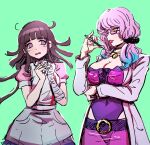  akudama_drive apron arm_under_breasts bandages bangs black_hair black_scrunchie blush breasts character_request commentary_request danganronpa_(series) danganronpa_2:_goodbye_despair glasses green_background hair_ornament hair_scrunchie hand_up hands_up holding labcoat large_breasts long_hair mole mole_under_eye nurse open_mouth pink_hair puffy_short_sleeves puffy_sleeves purple_eyes purple_hair qosic scrunchie semi-rimless_eyewear short_sleeves simple_background skirt tsumiki_mikan 