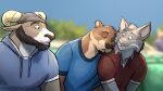 amusement_park anthro beanie beard blue_clothing blue_seam_shirt blue_shirt blue_sky blue_t-shirt blue_topwear blurred_background bovid brown_body brown_fur brown_nose caprine carl_hendricks chase_hunter clothed clothing collared_shirt cross cross_necklace curled_horn day ears_back echo_(game) echo_(series) echo_project eyes_closed facial_hair felid feline friends front_view fur goatee grass grey_body grey_fur group hat head_on_shoulder headgear headwear hi_res horn jewelry looking_at_another lynx male mammal mustelid necklace otter paintfox pink_nose pivoted_ears plant red_clothing red_shirt red_t-shirt red_topwear resting_on_partner shirt sky sleeping slim_male surprise t-shirt tan_body tan_fur tired tj_hess topwear tree trio video_game_reference visual_novel whiskers white_seam_shirt