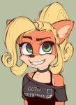  activision anthro bandicoot black_nose blonde_hair bra choker clothed clothing coco_bandicoot crash_bandicoot_(series) female fur green_eyes hair jewelry looking_at_viewer mammal marsupial multicolored_body multicolored_fur necklace orange_body orange_fur shirt simple_background smile solo teeth text text_on_clothing text_on_topwear topwear two_tone_body two_tone_fur underwear unknown_artist video_games 