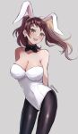  1girl :d animal_ears arms_behind_back bare_shoulders black_choker black_pantyhose bow_choker breasts brown_eyes brown_hair choker cleavage collarbone cowboy_shot earrings fake_animal_ears jewelry kujikawa_rise large_breasts leotard looking_at_viewer open_mouth pantyhose persona persona_4 playboy_bunny pppppknw rabbit_ears smile solo sphere_earrings strapless strapless_leotard teeth twintails twitter_username upper_teeth_only white_leotard 