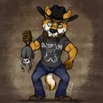 absurd_res american_opossum anthro bewbs breasts bundadingy bundy canid canine canis chibi cigar clothing cowboy dingo gun hat headgear headwear hi_res humor invalid_tag male mammal marsupial outlaw ranged_weapon silly slinger smoke solo thehuntingwolf virginia_opossum weapon western