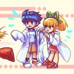  1girl 2boys black_hair blonde_hair blue_eyes blunt_bangs brown_shorts dress green_ribbon hair_ribbon highres lab_coat laser-lance looking_at_another mega_man_(character) mega_man_(classic) mega_man_(series) multiple_boys open_mouth oversized_clothes proto_man red_dress red_footwear ribbon roll_(mega_man) shoes short_hair short_ponytail shorts smile sneakers 