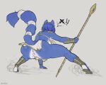 anthro arm_guards blue_body blue_fur blue_hair bottomless bottomwear bra breasts butt canid canine casloafy clothed clothing female footwear fox fur genitals hair hi_res krystal loincloth mammal melee_weapon nintendo pussy sandals solo speech_bubble staff star_fox sword tail tail_wraps underwear weapon wraps