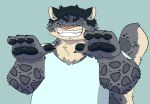 4_fingers absurd_res anthro claws clothed clothing countershade_fur countershade_tail countershading eyebrows felid fingers fur fur_markings grey_body grey_fur hair hi_res inner_ear_fluff male mammal markings pantherine pawpads rabbitpatches smile snow_leopard solo tail tuft whiskers