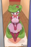 apron big_breasts blurred_background breasts carpet clothing door eyelashes female floor generation_7_pokemon green_hair hair hi_res humanoid inside long_hair nintendo own_hands_together pink_apron pink_body pokemon pokemon_(species) red_eyes solo standing tsareena white_body wide_hips wood wood_floor wozzu1