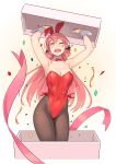  1girl akashi_(kantai_collection) animal_ears armpits arms_up black_legwear blunt_tresses box breasts bunny_ears cleavage confetti detached_collar fake_animal_ears highres holding kantai_collection leotard long_hair looking_at_viewer medium_breasts one_eye_closed open_mouth pantyhose pink_hair playboy_bunny red_leotard solo standing wrist_cuffs yellow_eyes yuuji_(and) 