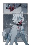 absurd_res ambiguous_gender blood bodily_fluids canid canine canis collar comic feral fur group hi_res kabu_rion male mammal quadruped snow solo speech_bubble white_body white_eyes white_fur winter wolf