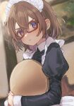  1girl :t blurry blurry_background blush brown_hair collared_dress dress fang glasses highres holding holding_tray juliet_sleeves light_particles long_sleeves looking_at_viewer maid maid_headdress naname_(7name) original puffy_sleeves purple_eyes red-framed_eyewear short_hair skin_fang solo sweat thick_eyebrows tray upper_body 