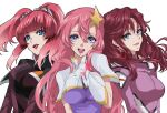  3girls agnes_giebenrath blue_eyes breasts flay_allster gloves gundam gundam_seed gundam_seed_destiny gundam_seed_freedom hair_ornament kitsuyuu26 large_breasts lipstick long_hair looking_at_viewer makeup meer_campbell military military_uniform multiple_girls open_mouth pink_hair red_hair smile star_(symbol) star_hair_ornament twintails uniform upper_body 