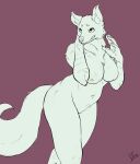 anthro breasts canid canine danicommissions eyebrows female hi_res inner_ear_fluff mammal monochrome navel neck_tuft nipples nude smile solo tail tuft