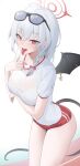  1girl absurdres black_tail black_wings blue_archive braid buruma demon_tail demon_wings eyewear_on_head grey_hair guntree gym_shirt gym_uniform hair_between_eyes halo haruna_(blue_archive) haruna_(track)_(blue_archive) highres long_hair looking_at_viewer red_buruma red_eyes red_halo revision shirt short_sleeves side_braid single_wing solo sunglasses tail tongue tongue_out white_shirt wings 