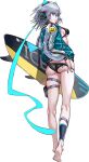 1girl barefoot blue_eyes blue_nails breasts crossover from_behind full_body grey_hair holding holding_surfboard icey icey_(game) iron_saga jacket nail_polish official_alternate_costume official_art open_clothes open_jacket smiley_face solo surfboard swimsuit third-party_source transparent_background 