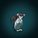 adult_male alternate_species anthro aye-aye black_eyes black_hair black_tail borndivicorn bottomwear claws clothing crouching death_note furrification hair hi_res l_(death_note) lemur looking_at_viewer male mammal pants primate simple_background solo strepsirrhine tail